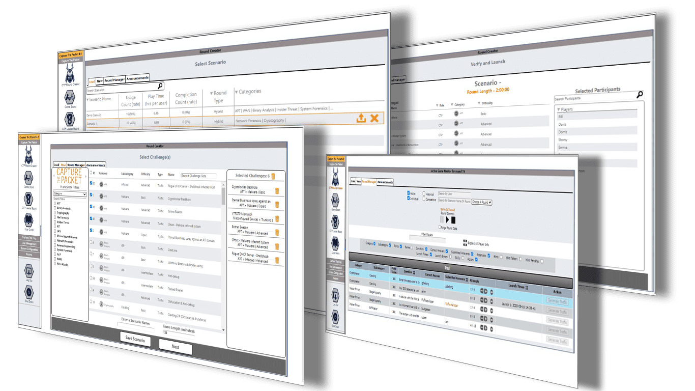 Sample screens from the Capture The Packet administrative interface